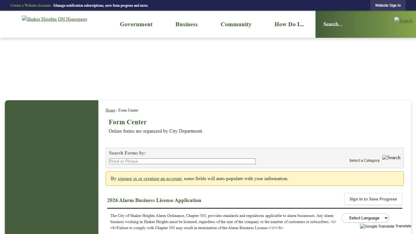 Form Center • 2026 Alarm Business License Application