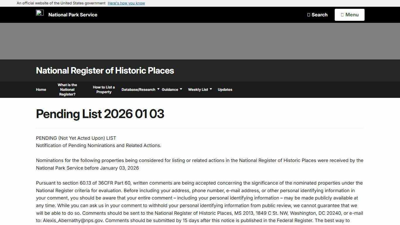 Pending List 2026 01 03 - National Register of Historic Places (U.S. National Park Service)